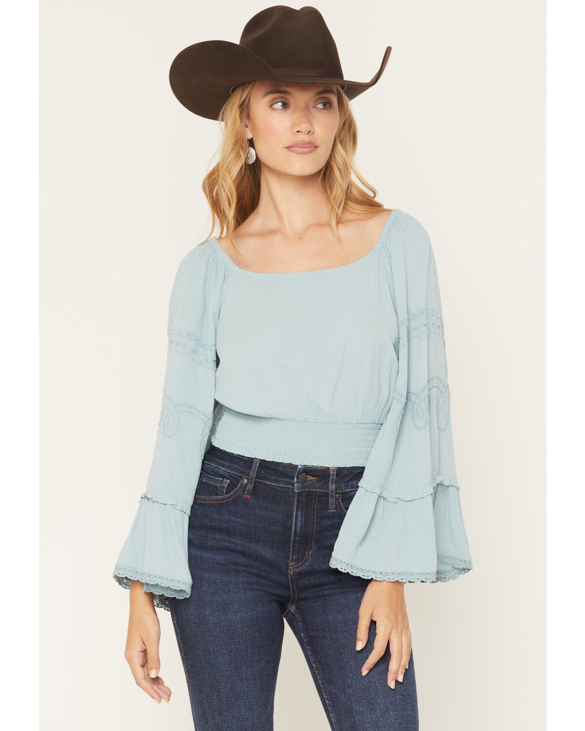 Shyanne Women's Pearl Embroidered Long Bell Sleeve Shirt, Aqua, hi-res