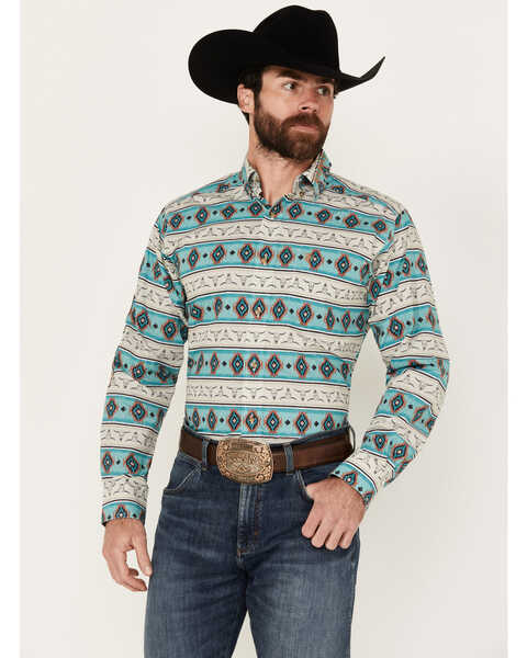 Ariat Men's Team Cruz Southwestern Print Long Sleeve Button-Down Western Shirt, Turquoise, hi-res