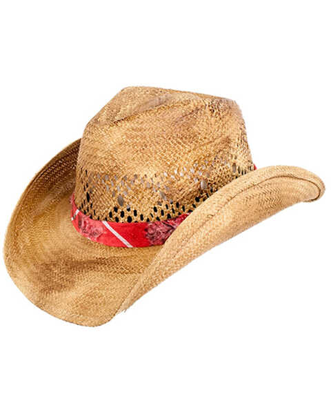Peter Grimm Natural Bennett Tea Stain Pinched Straw Western Hat, Natural, hi-res