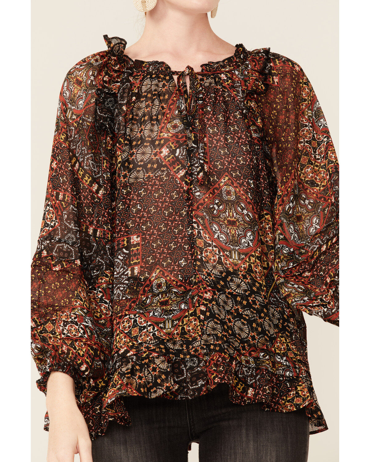 Image #2 - Miss Me Women's Boho Paisley Peasant Top, Black, hi-res