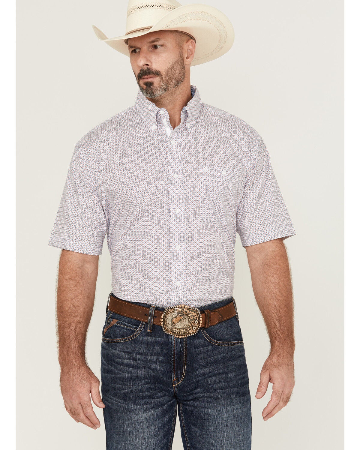 George Strait by Wrangler Men's Geo Print Short Sleeve Button-Down Stretch Western Shirt, Red, hi-res