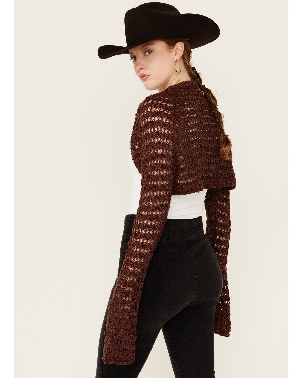 Beyond The Radar Women's Crochet Shrug, Brown, hi-res