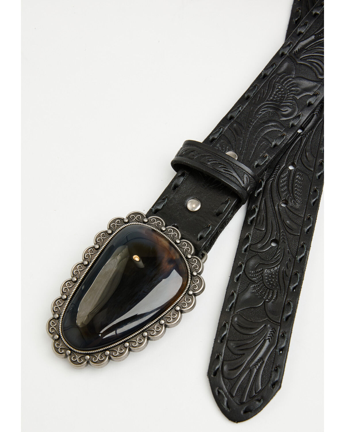 Image #2 - Shyanne Women's Whipstitch Agate Stone Buckle Belt, Black, hi-res