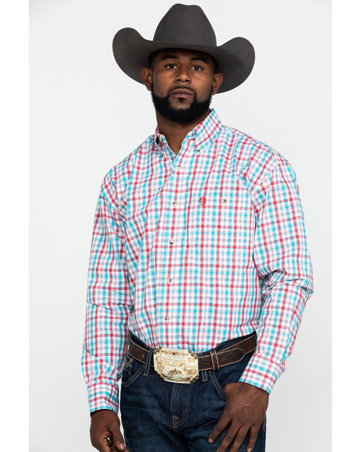 Image #1 - George Strait by Wrangler Men's Red Small Plaid Poplin Long Sleeve Western Shirt , , hi-res
