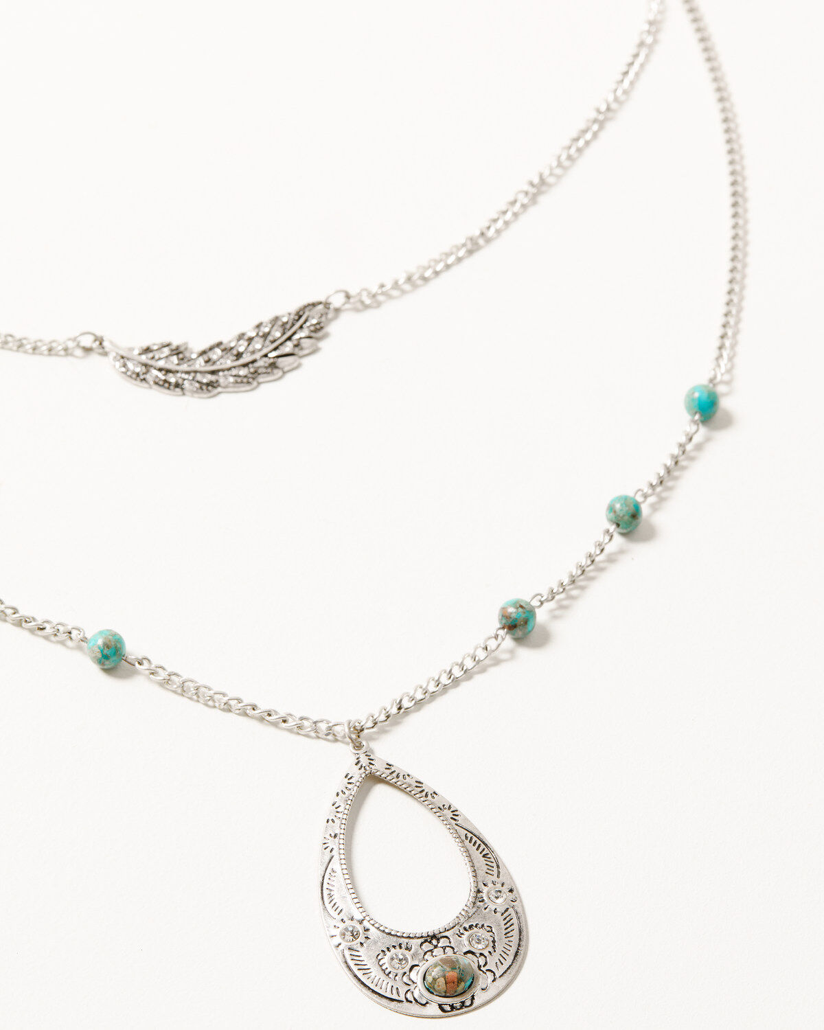 Image #1 - Shyanne Women's Mystic Summer Layered Teardrop & Feather Necklace, Silver, hi-res