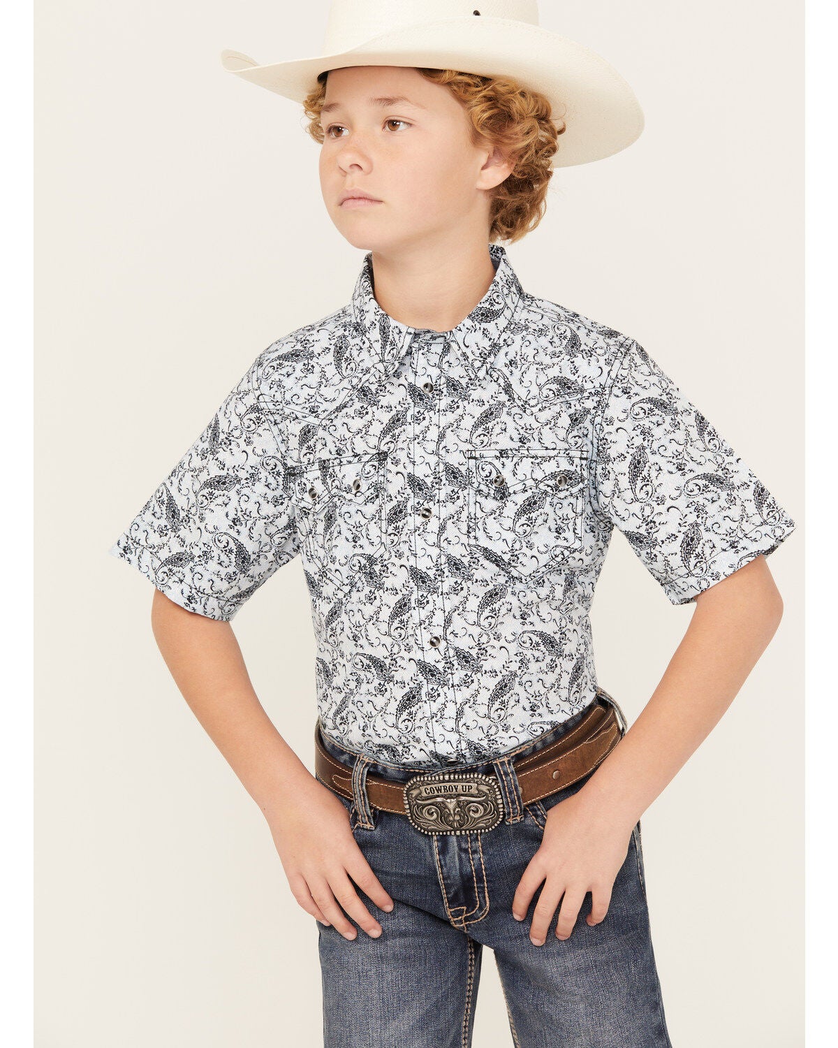 Cody James Boys' Paisley Print Short Sleeve Snap Western Shirt, Navy, hi-res