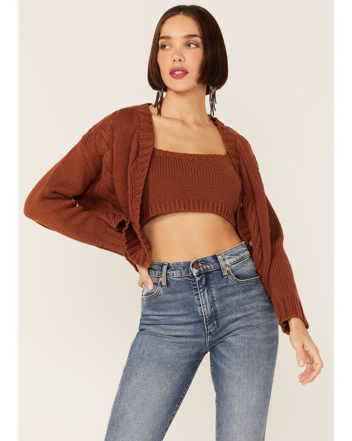 Callahan Women's Lu Cardigan & Tank Set, Brown, hi-res