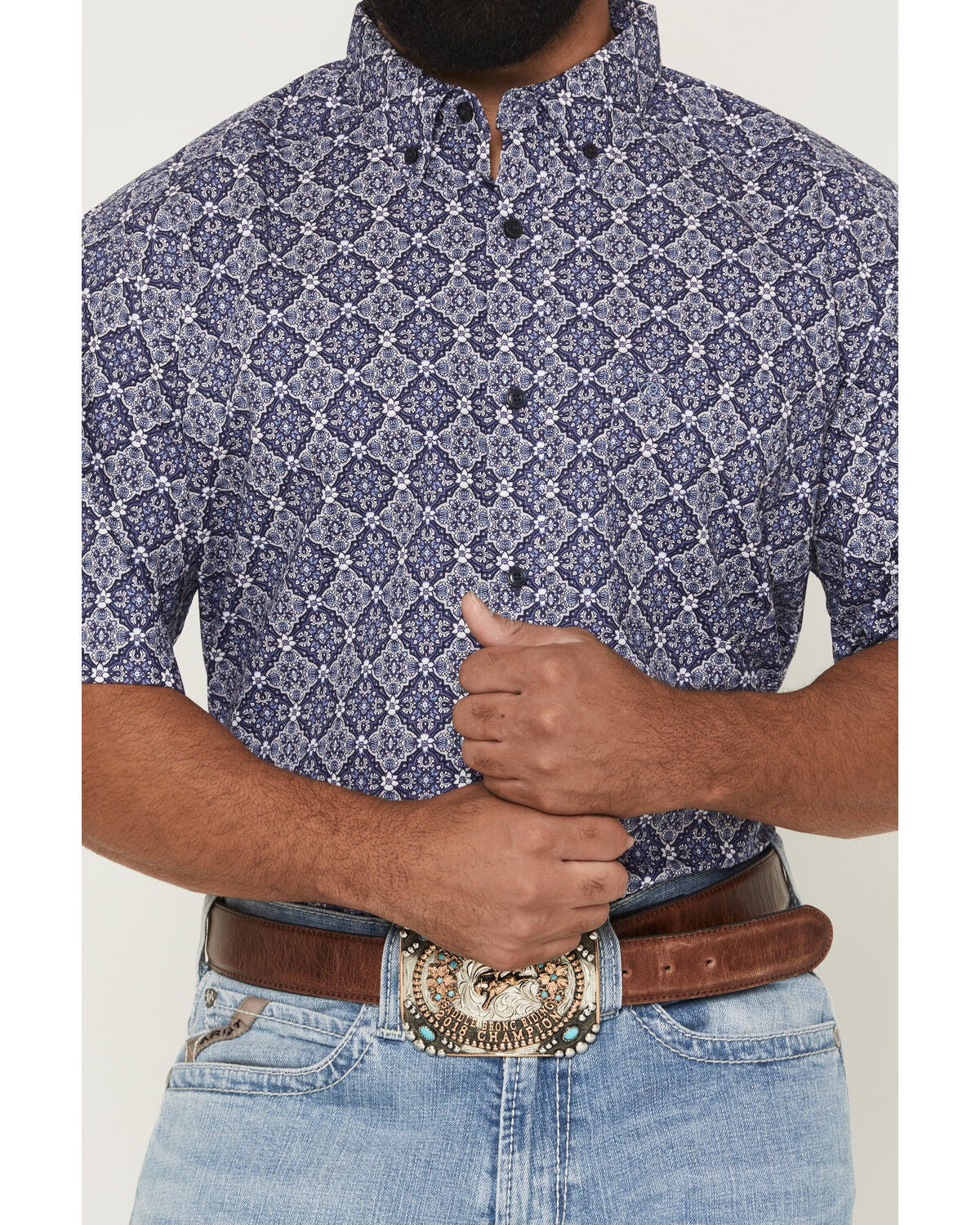 Image #3 - Ariat Men's Bill Medallion Print Short Sleeve Button-Down Western Shirt, Blue, hi-res