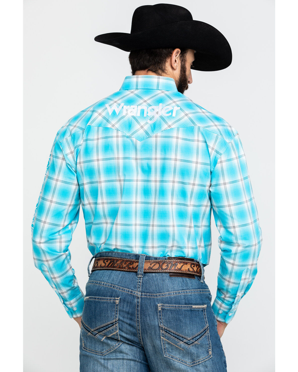 Image #2 - Wrangler Men's Turquoise Logo Large Plaid Long Sleeve Western Shirt , , hi-res