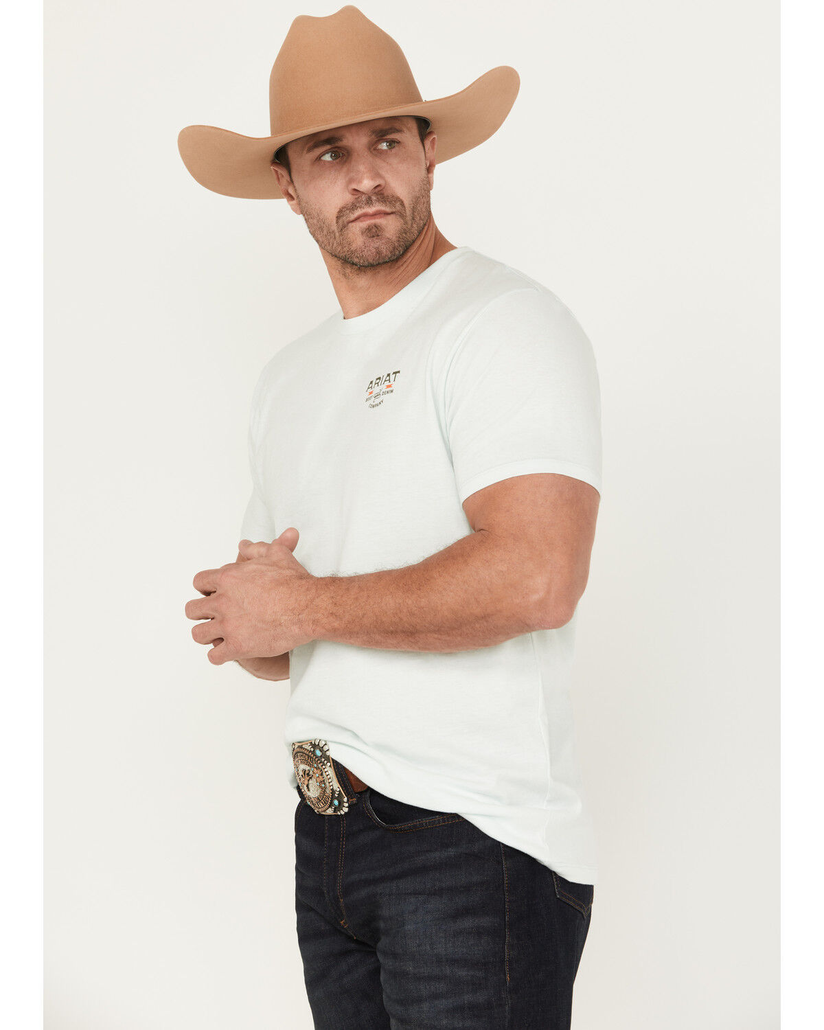 Image #3 - Ariat Men's Horseshoe Short Sleeve Graphic T-Shirt, Light Blue, hi-res