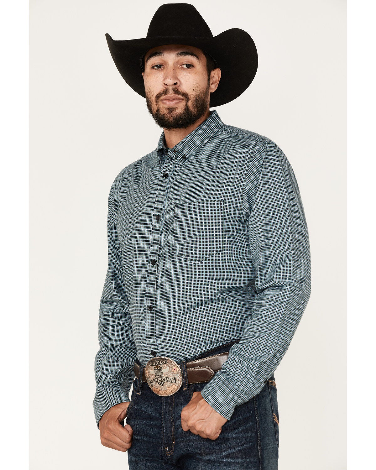 Cody James Men's Small Plaid Button Down Western Shirt, Green, hi-res