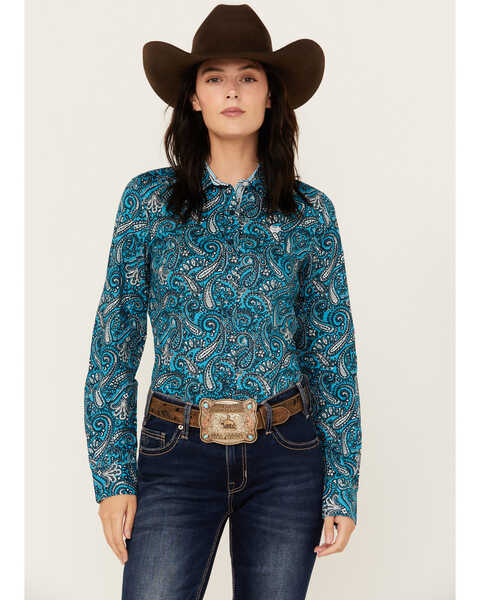 Cinch Women's Paisley Print Long Sleeve Button-Down Western Core Shirt , Blue, hi-res