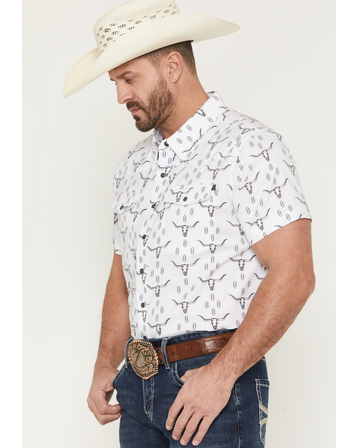Image #2 - Rock & Roll Denim Men's TEK Steer Skull Short Sleeve Snap Stretch Western Shirt, White, hi-res