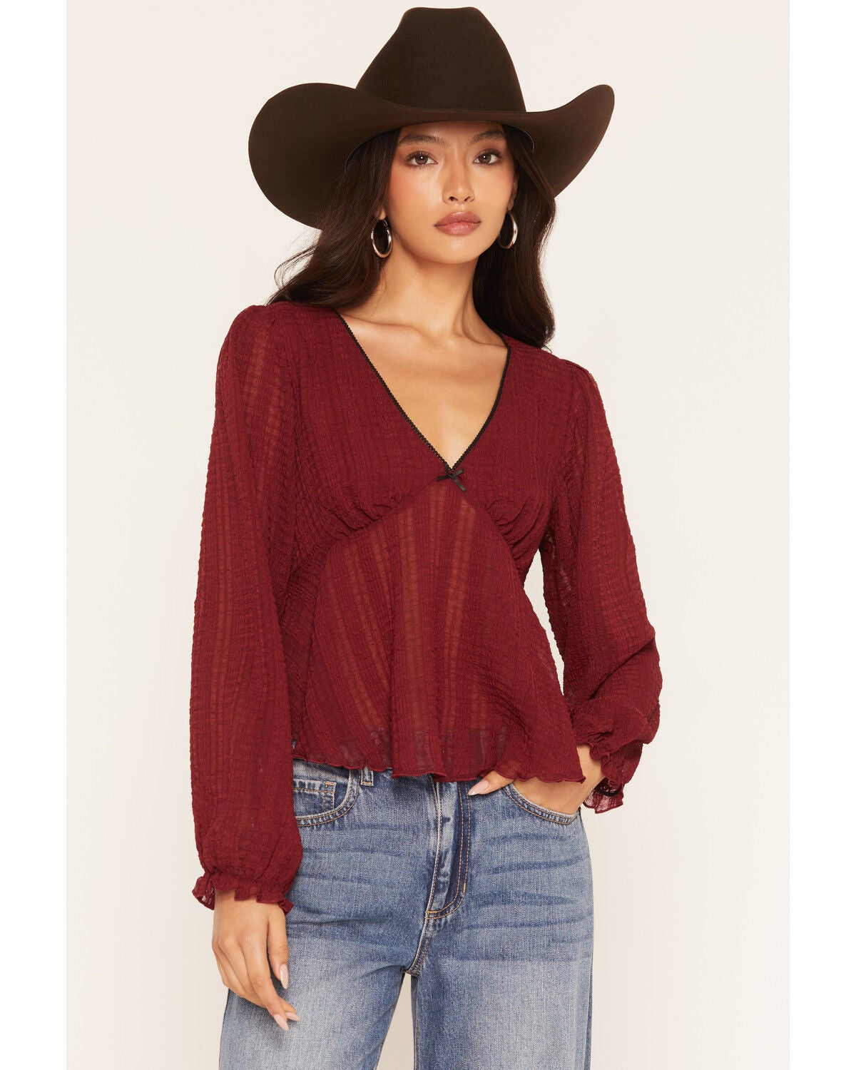 Wonderwest Women's Long Sleeve Bow Trim Top, Dark Red, hi-res