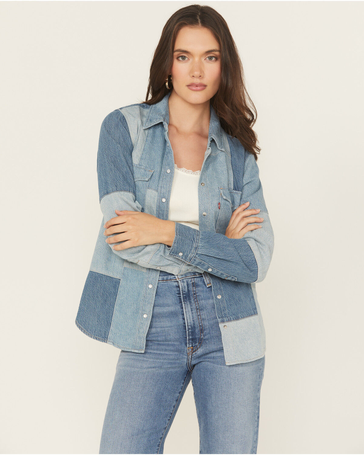 Image #1 - Levi's Women's Patchwork Long Sleeve Snap Denim Shirt, Multi, hi-res