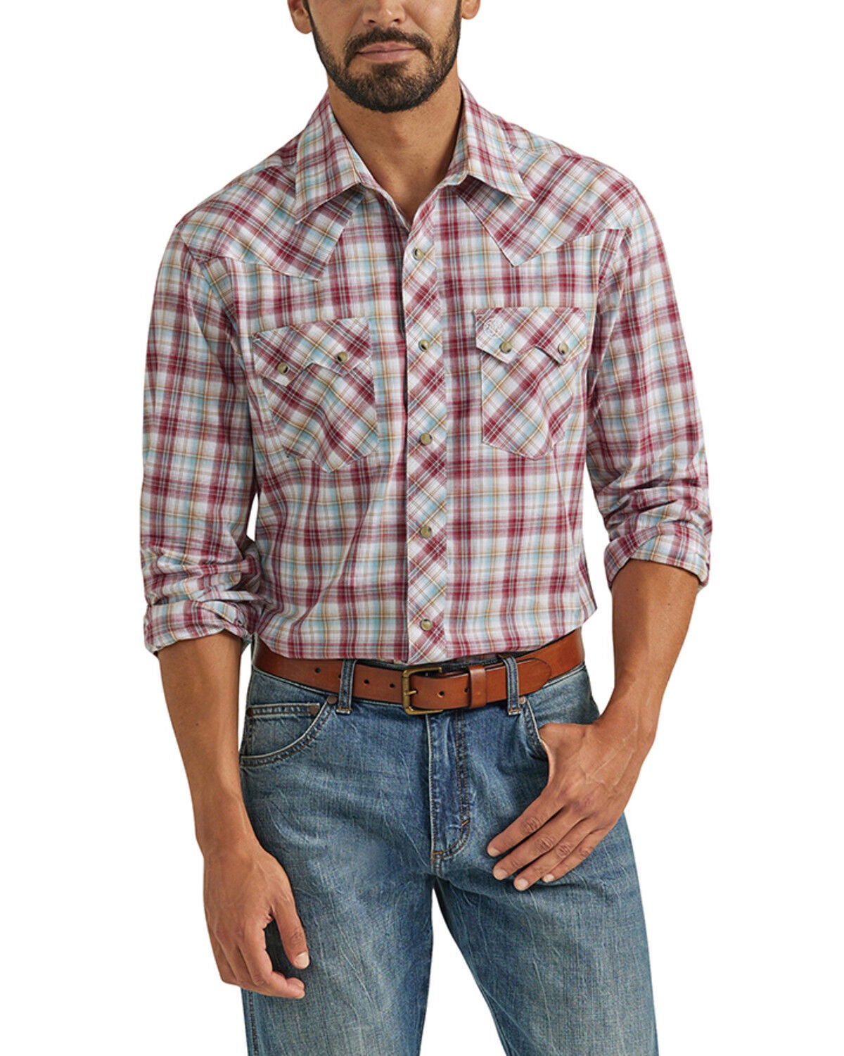 Wrangler Retro Men's Plaid Print Long Sleeve Snap Western Shirt, Red, hi-res