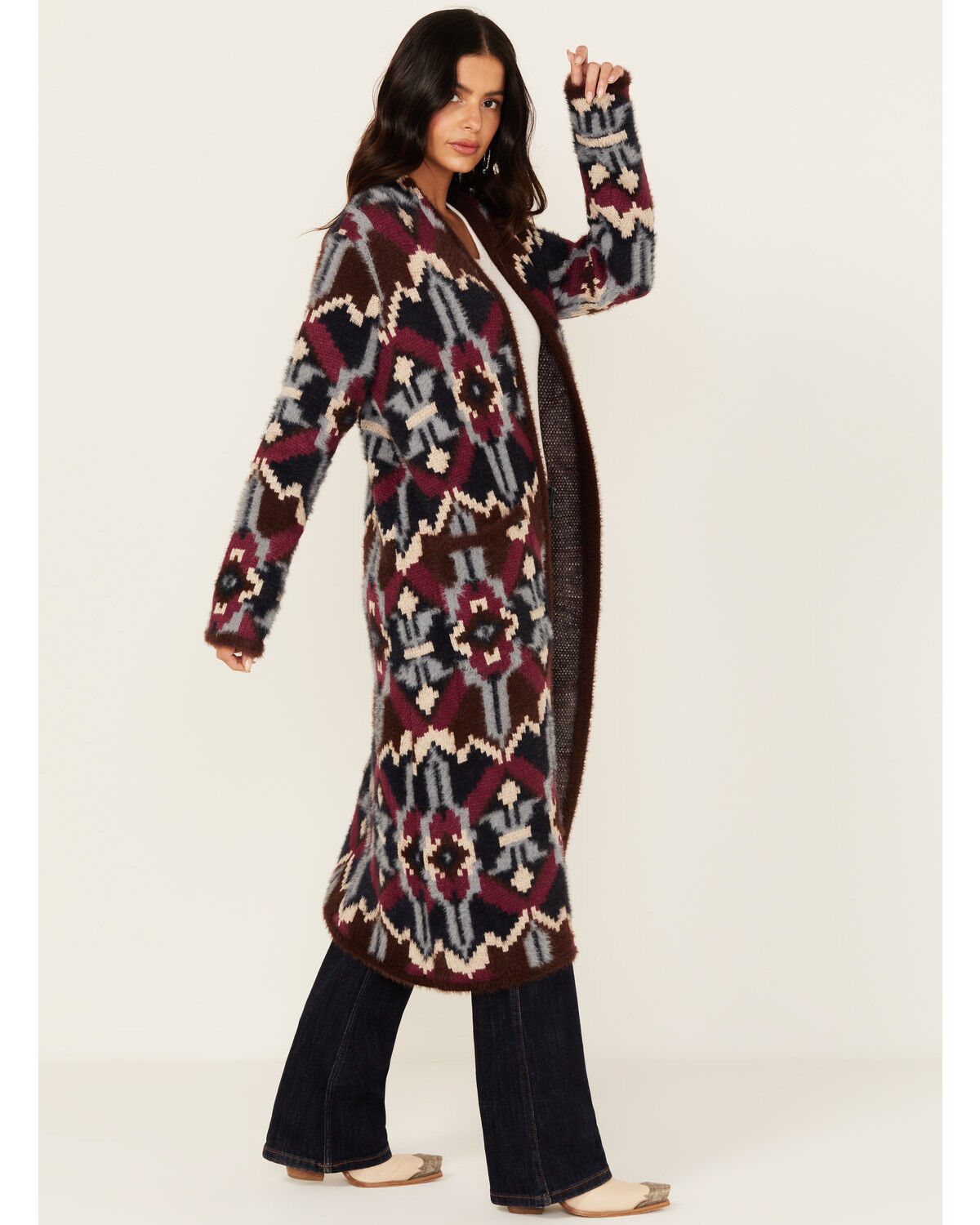 Image #1 - Shyanne Women's Southwestern Print Long Cardigan, Chocolate, hi-res