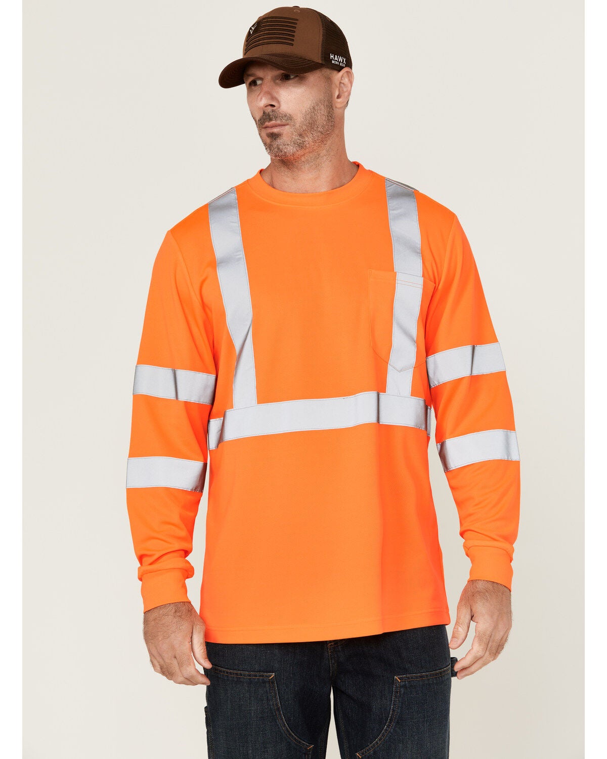 Hawx Men's Hi-Vis Reflective Long Sleeve Work T-Shirt - Big, Orange, hi-res