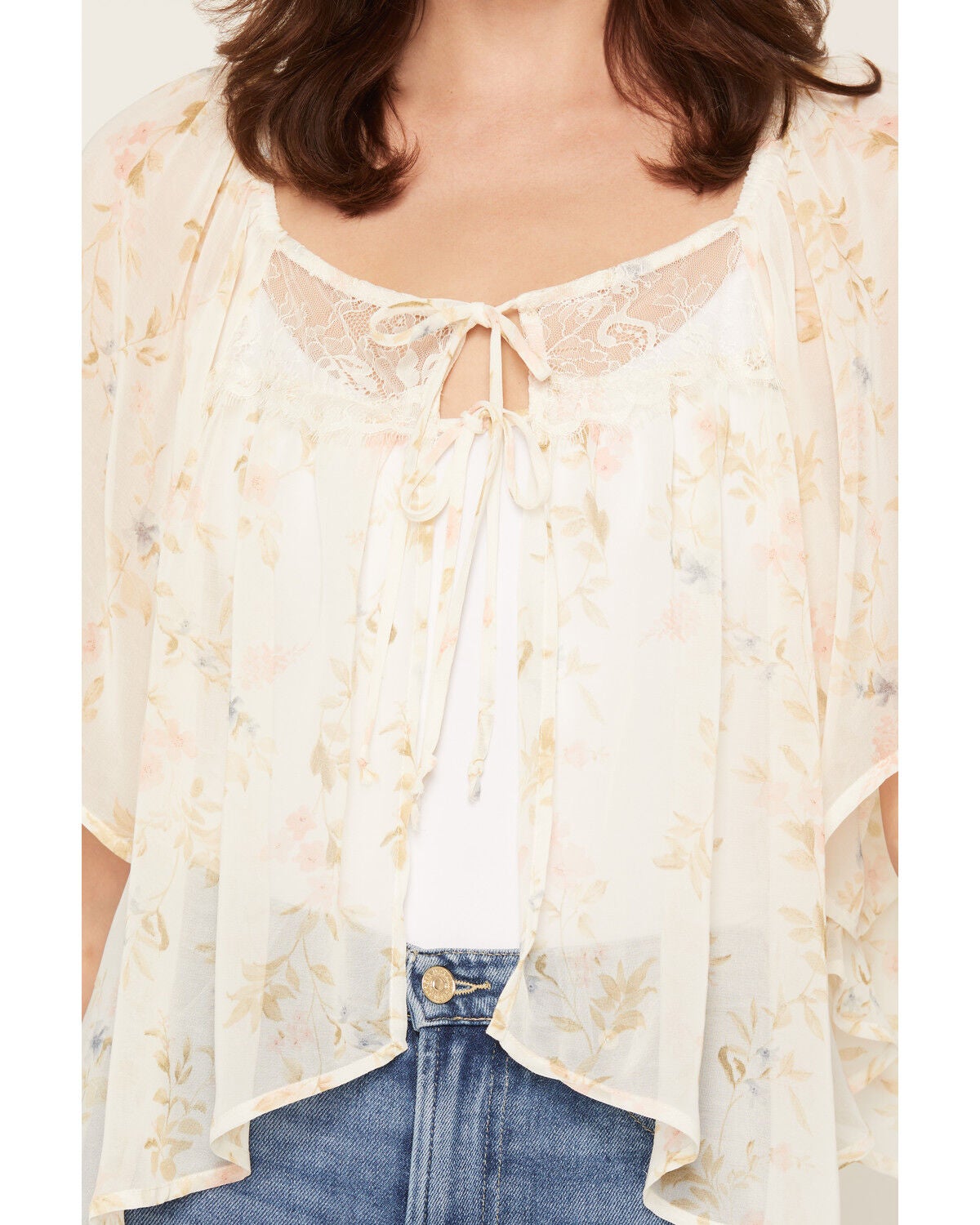Image #3 - Wild Moss Women's Floral Print Tie-Front Blouse, Ivory, hi-res