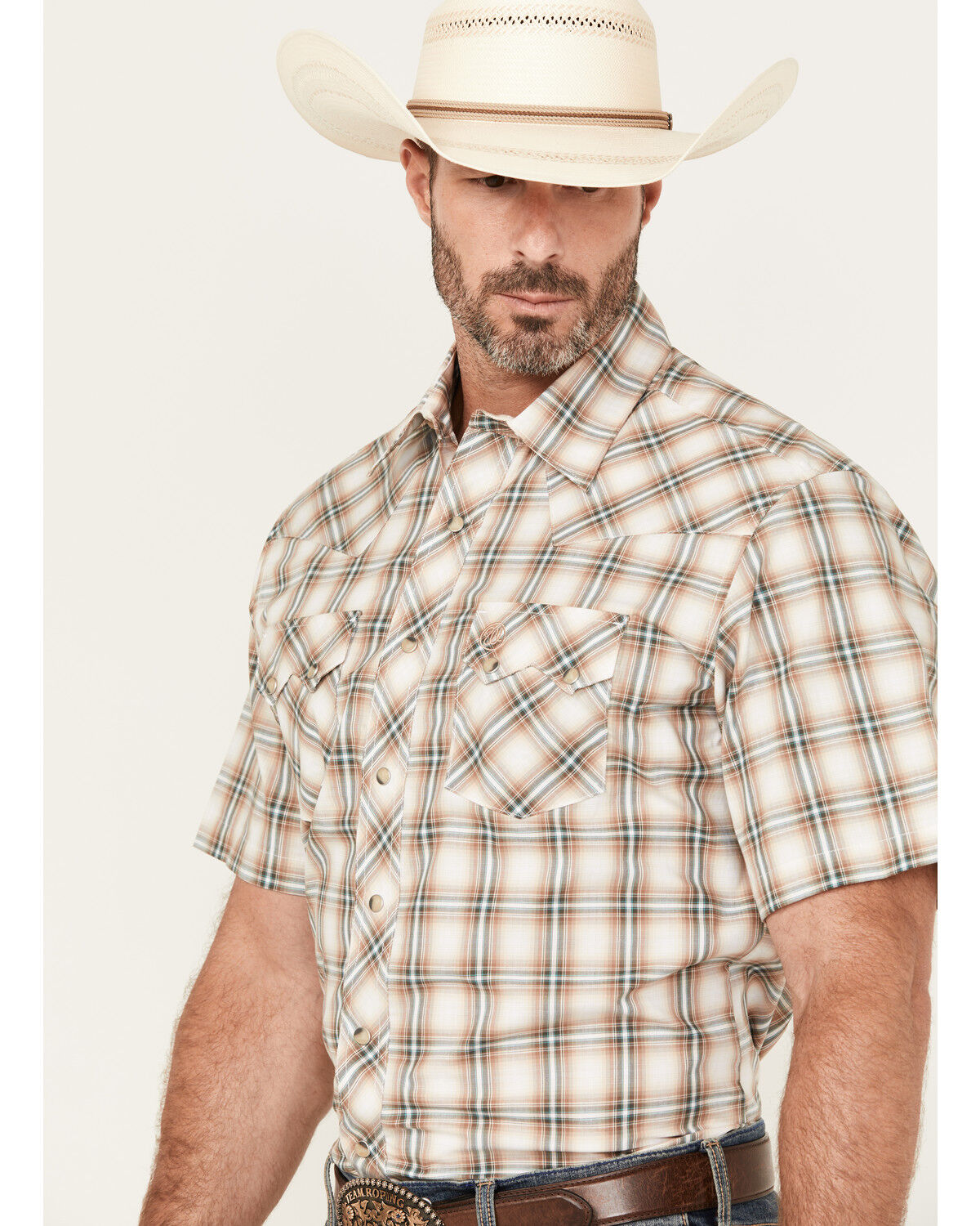 Image #2 - Wrangler Retro Men's Plaid Print Short Sleeve Snap Western Shirt, Brown, hi-res