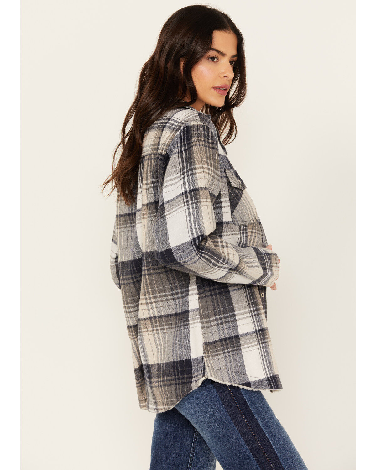 Image #2 - Pacific Teaze Women's Plaid Print Sherpa Lined Shacket, Navy, hi-res