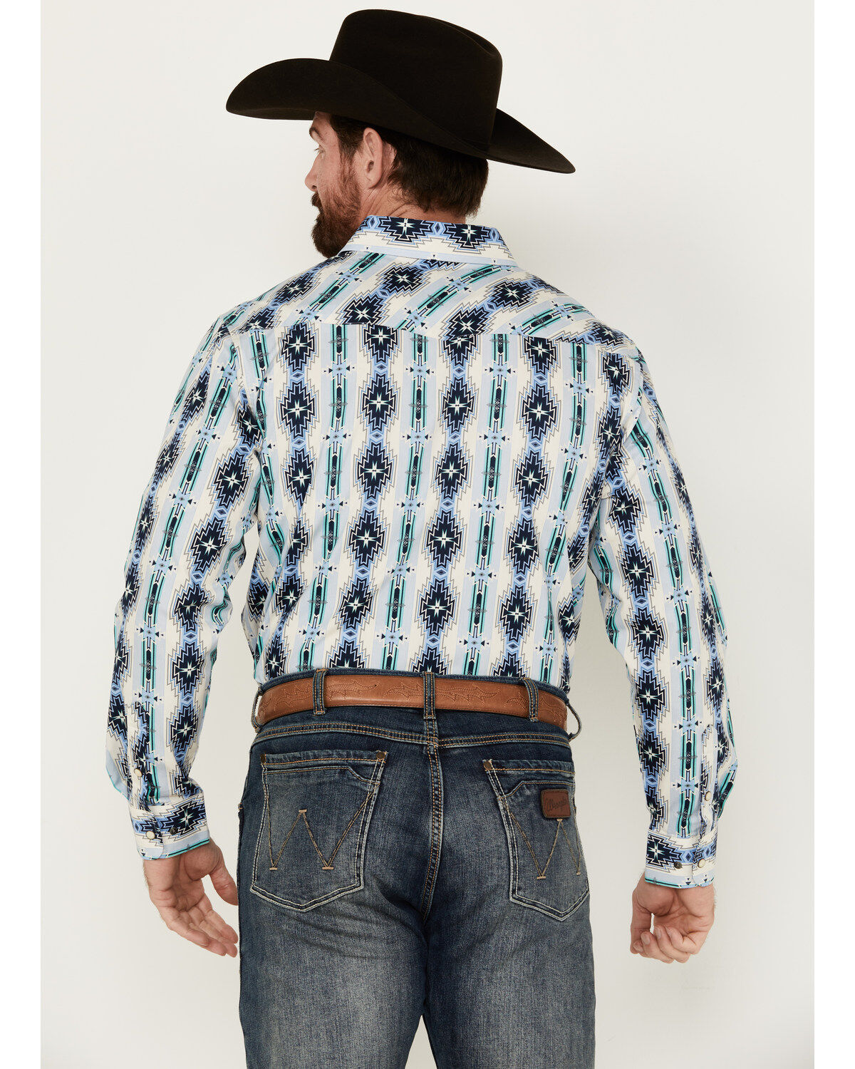 Image #4 - Panhandle Men's Southwestern Print Long Sleeve Pearl Snap Western Shirt, Cream, hi-res