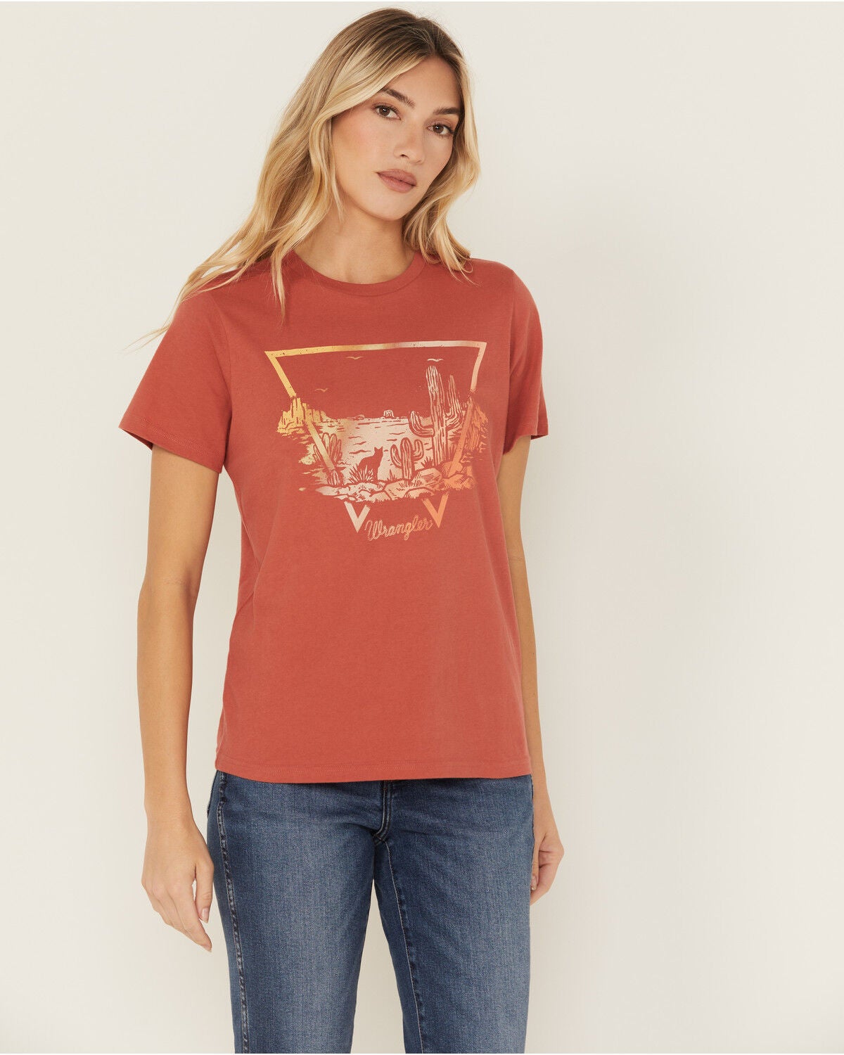 Wrangler Women's Desert Logo Short Sleeve Graphic Tee, Rust Copper, hi-res