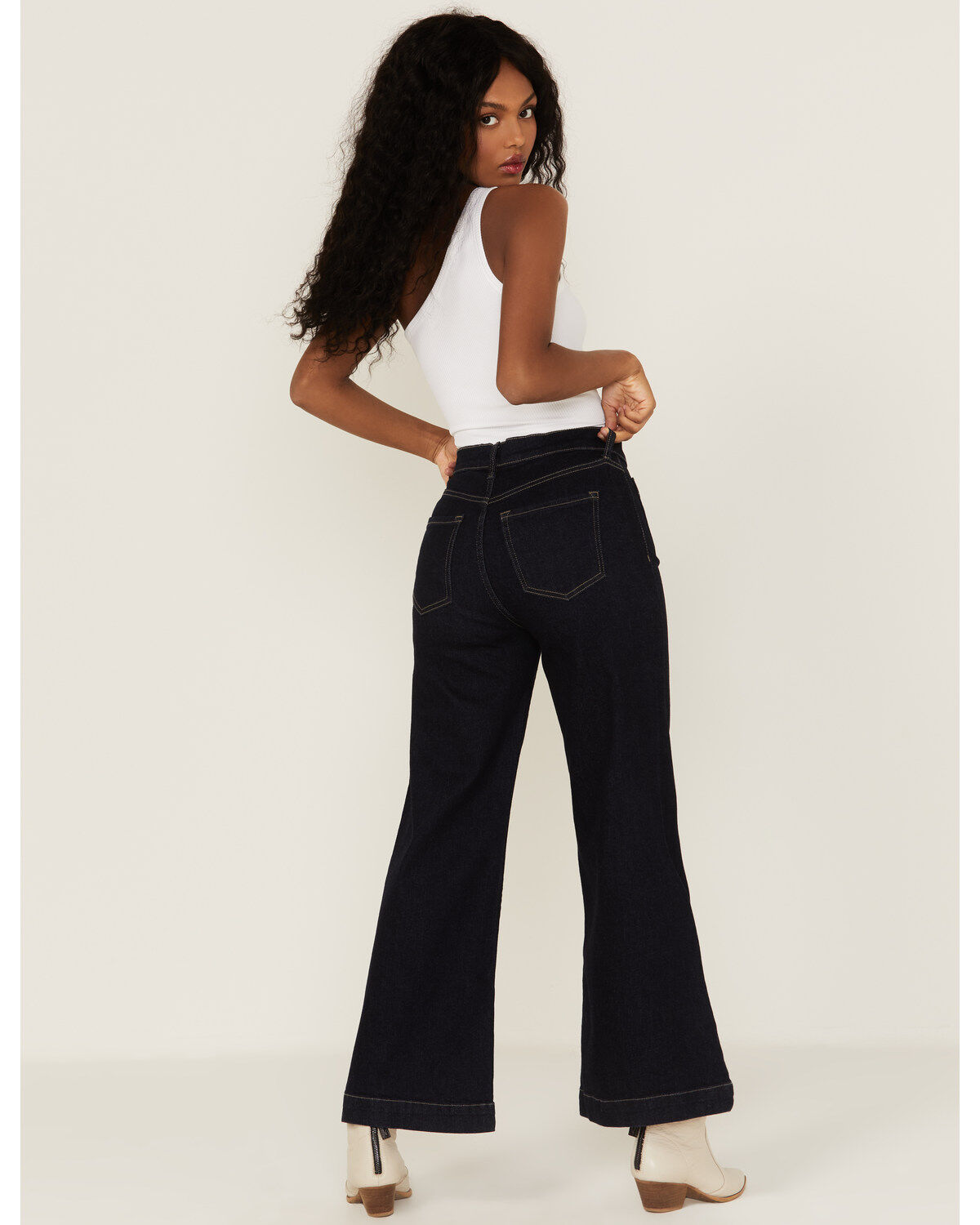 Image #3 - Sneak Peek Women's Front Patch Pockets Straight Jeans, Dark Blue, hi-res