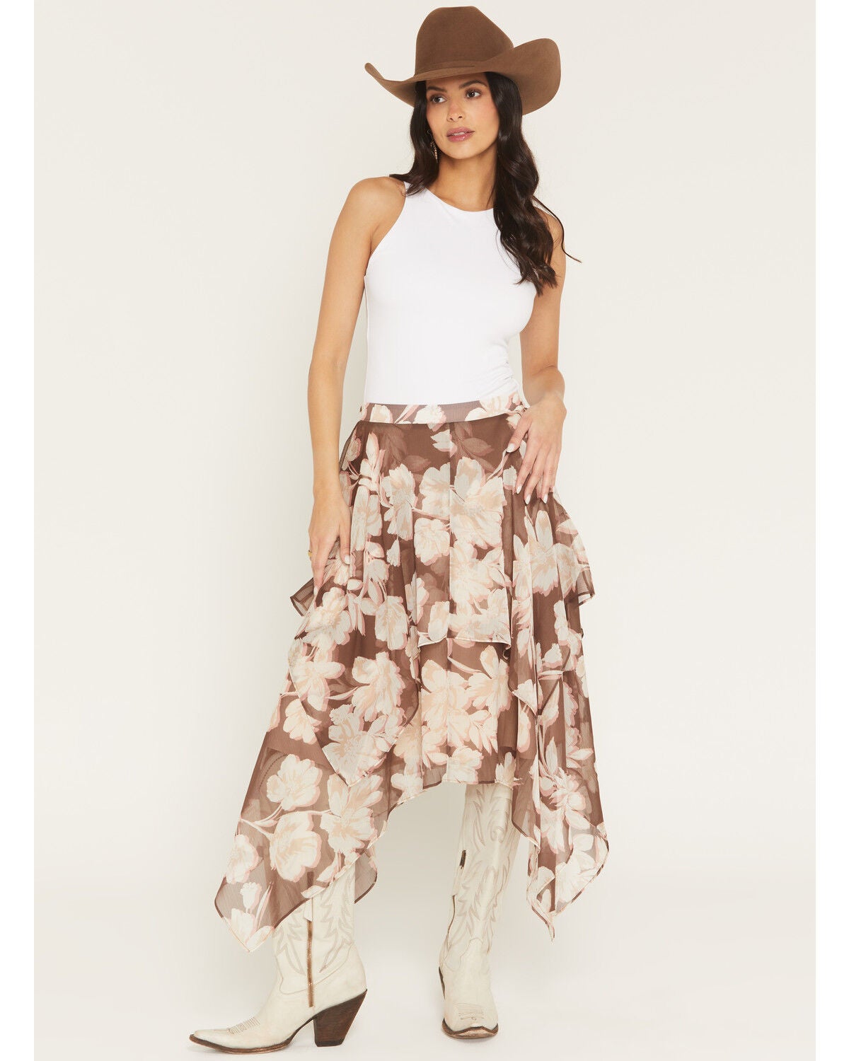 Shyanne Women's Floral Tiered Midi Skirt, Brown, hi-res