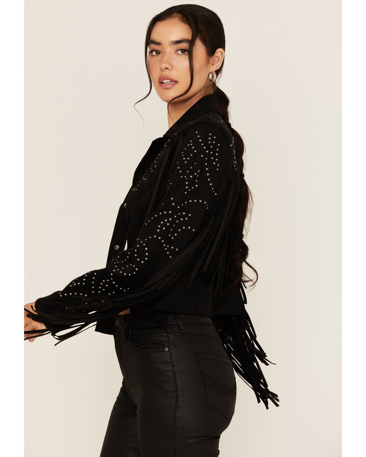Image #2 - Idyllwind Women's Blair Fringe and Studded Faux Suede Snap Jacket, Black, hi-res