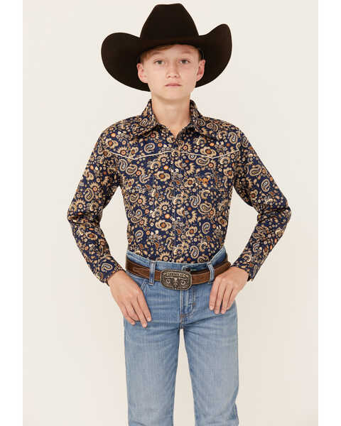 Cowboy Hardware Boys' Paisley Print Long Sleeve Snap Western Shirt , Navy, hi-res