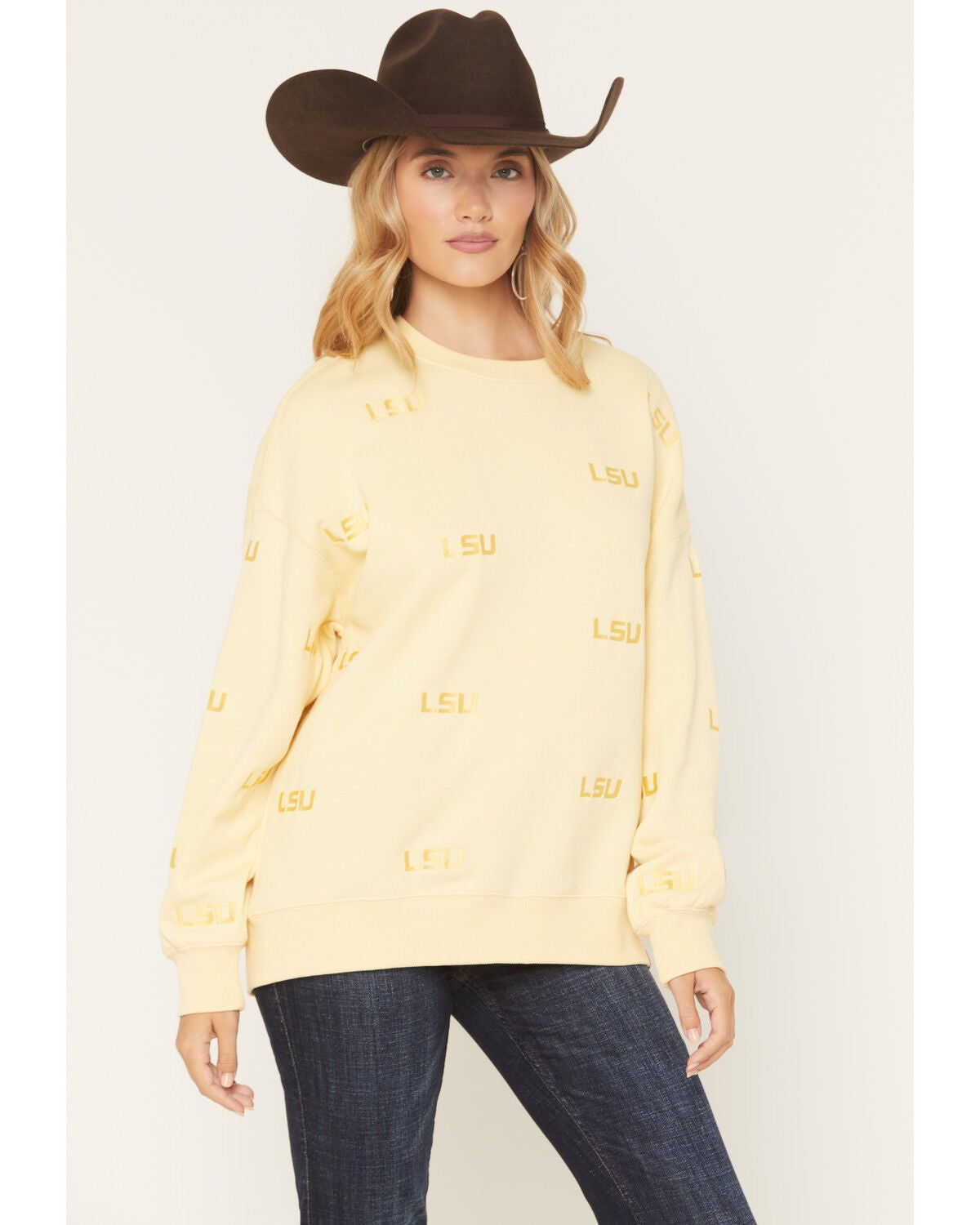 Gameday Women's LSU Embroidered Crewneck, Light Yellow, hi-res