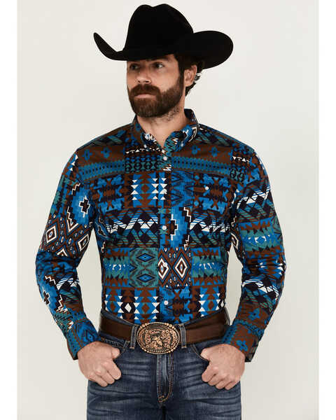 RANK 45® Men's Zavallo Southwestern Patchwork Long Sleeve Button-Down Stretch Western Shirt , Teal, hi-res