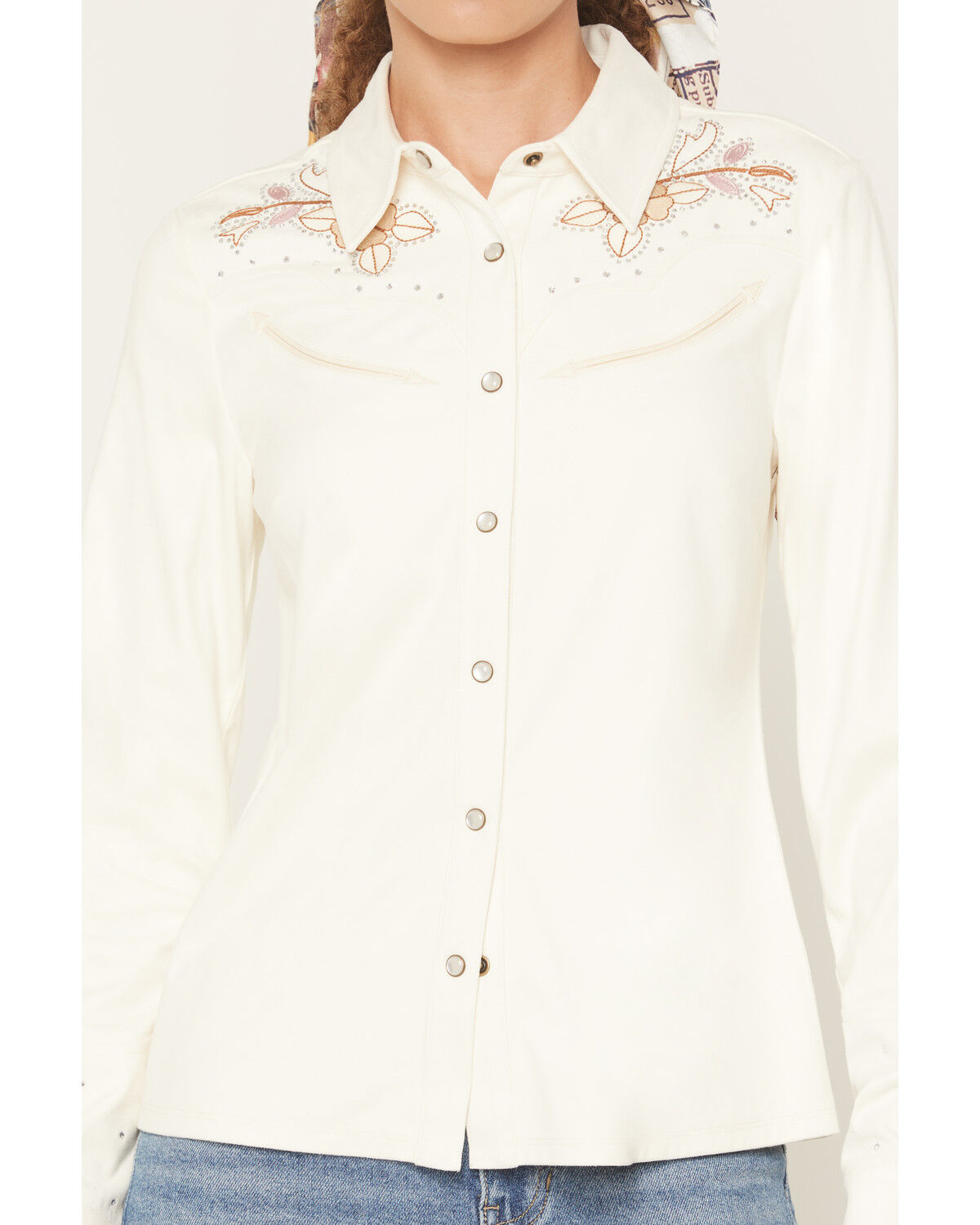 Image #3 - Idyllwind Women's Randy Embroidered Faux Suede Long Sleeve Snap Western Shirt, White, hi-res