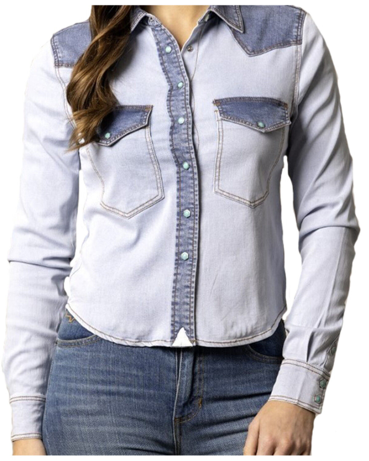 Image #1 - Kimes Ranch Women's Rayna Two-Toned Long Sleeve Cropped Snap Denim Snap Western Shirt, Light Wash, hi-res