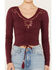 Image #3 - Shyanne Women's Long Sleeve Cutwork Front Tie Top, Maroon, hi-res