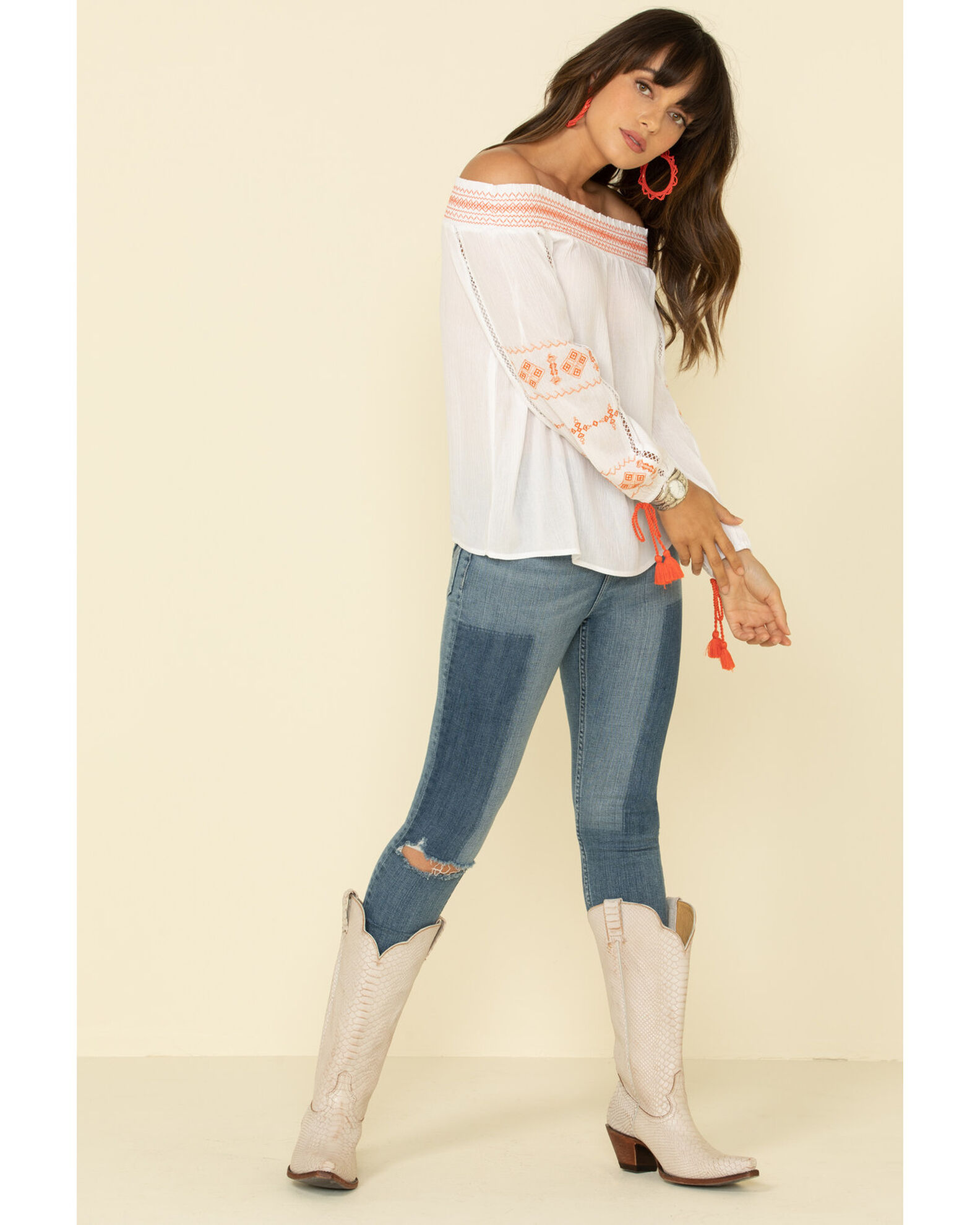 Image #3 - Wrangler Women's Embroidered Tassel Off Shoulder Top, Ivory, hi-res