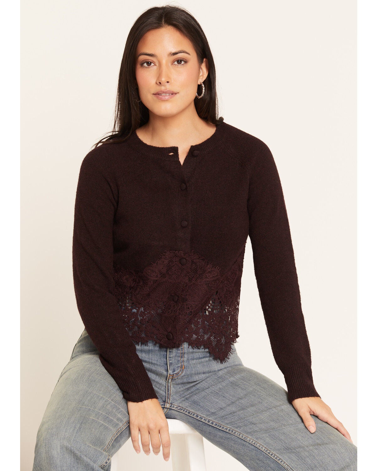 Lovestitch Women's Lace Sweater, Burgundy, hi-res