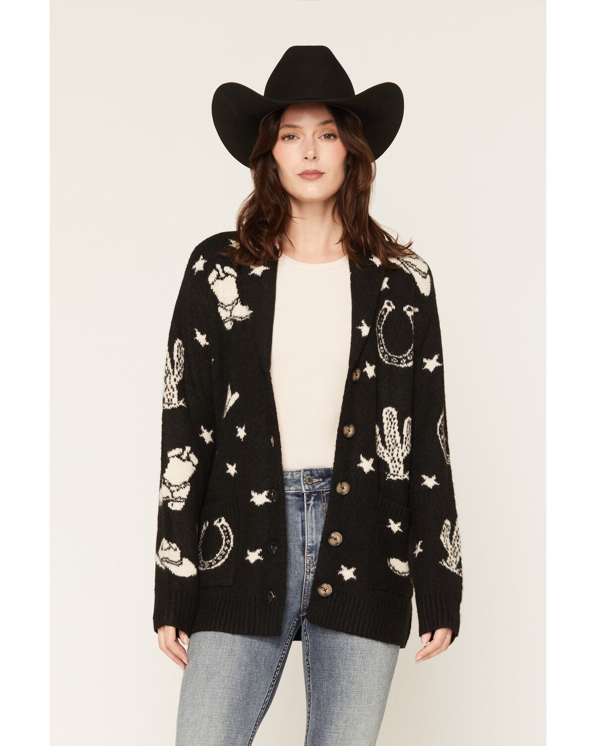 Idyllwind Women's Western Conversation Print Cardigan, Black, hi-res