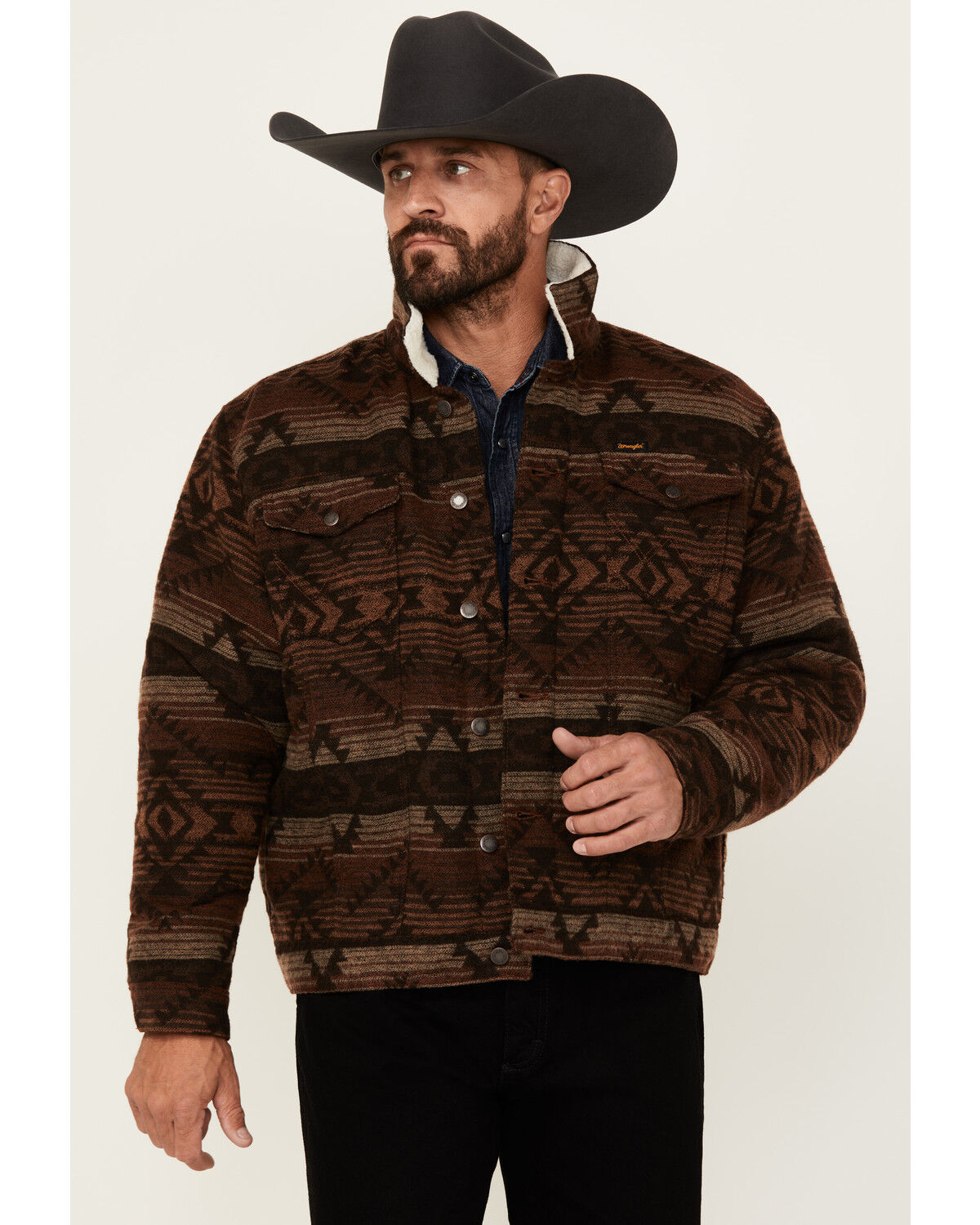 Image #1 - Wrangler Men's Southwestern Print Sherpa Lined Jacket, Brown, hi-res