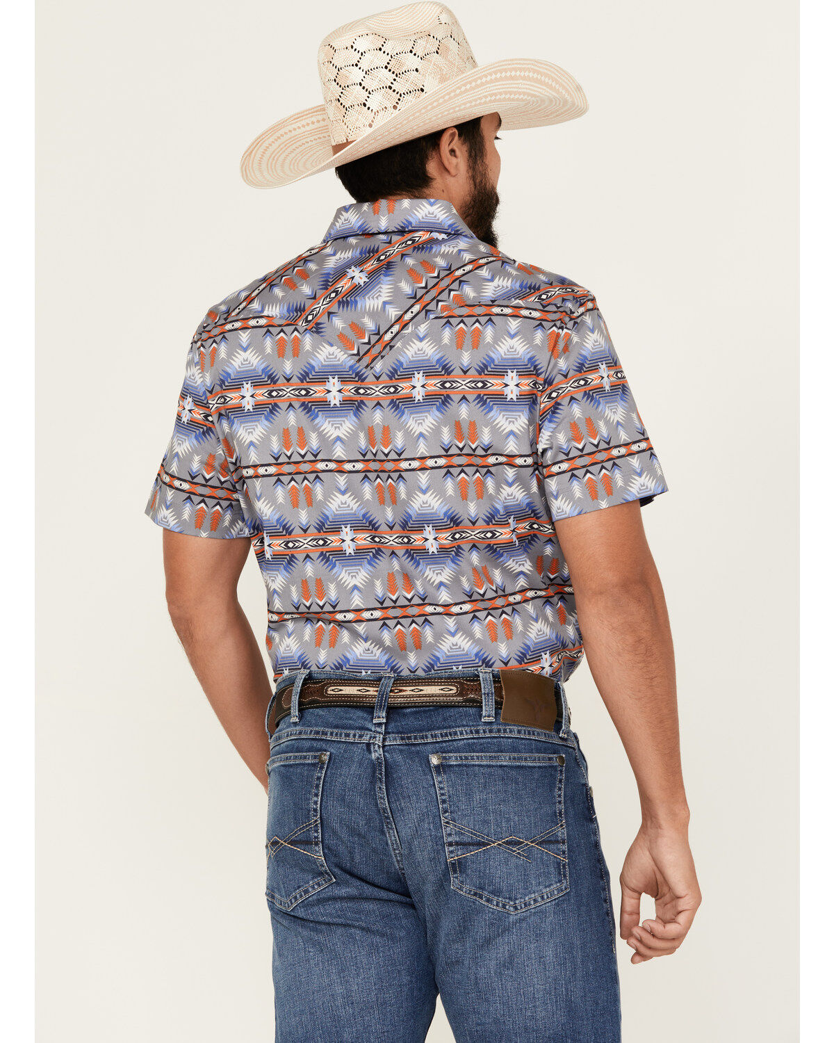 Image #4 - Rock & Roll Demin Men's Southwestern Print Short Sleeve Pearl Snap Stretch Western Shirt, Grey, hi-res