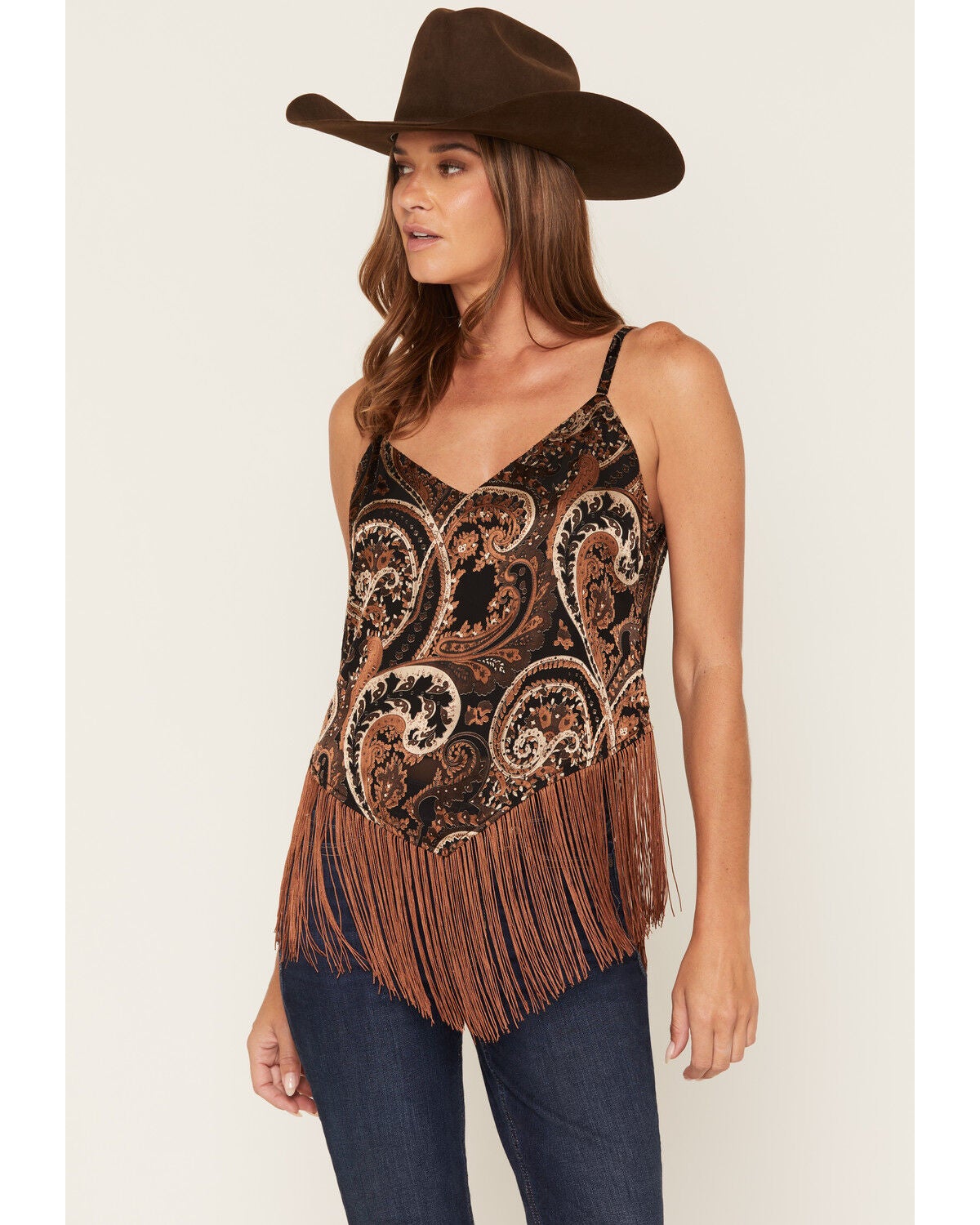 Image #1 - Shyanne Women's Stevie Burnout Paisley Print Fringe Tank Top, Black, hi-res