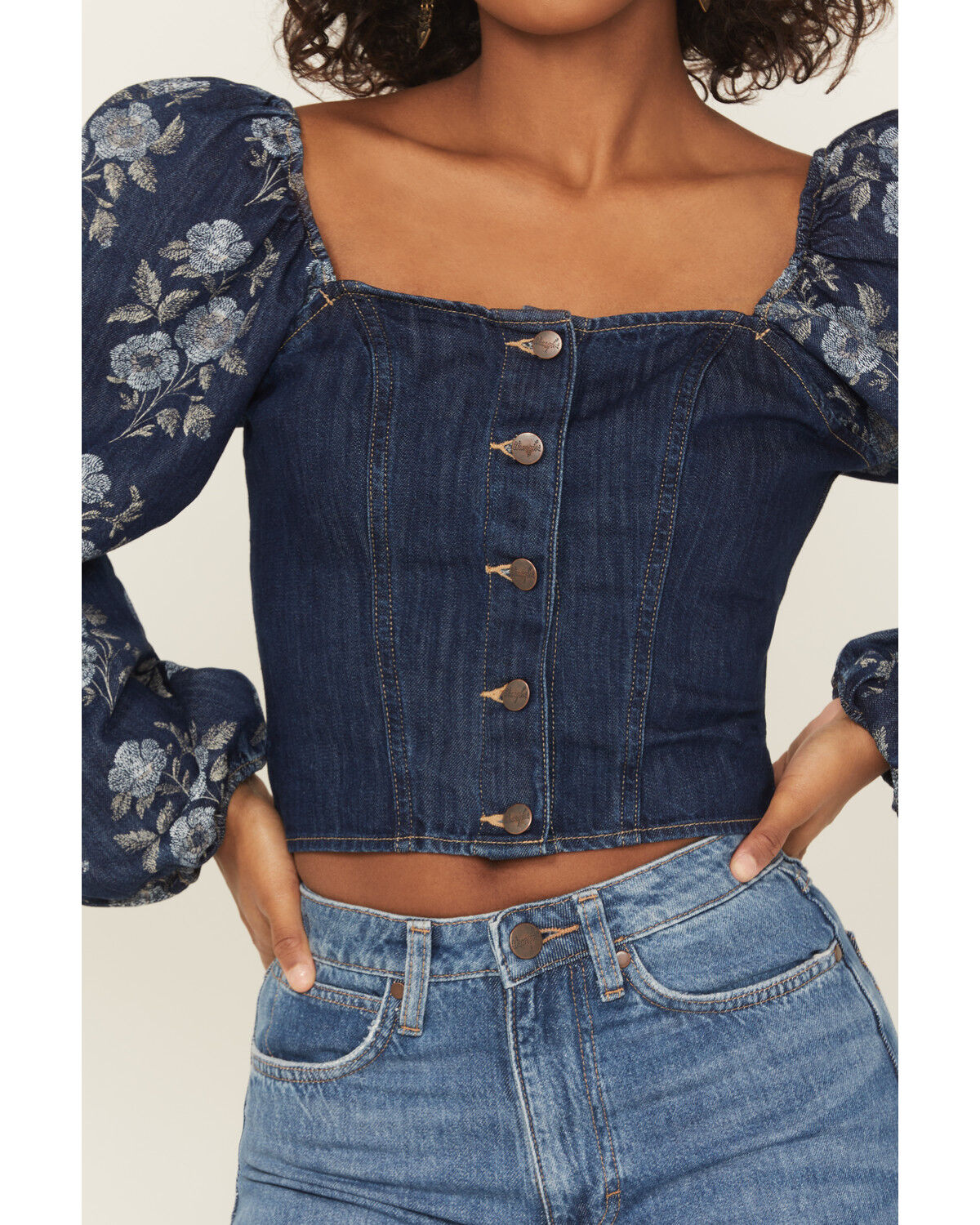 Image #3 - Wrangler Retro Women's Floral Tapestry Sleeve Denim Blouse, Dark Wash, hi-res