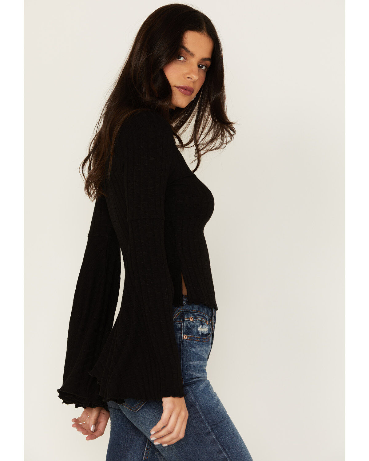 Image #2 - Shyanne Women's Rib Knit Mock Neck Bell Sleeve Top, Black, hi-res