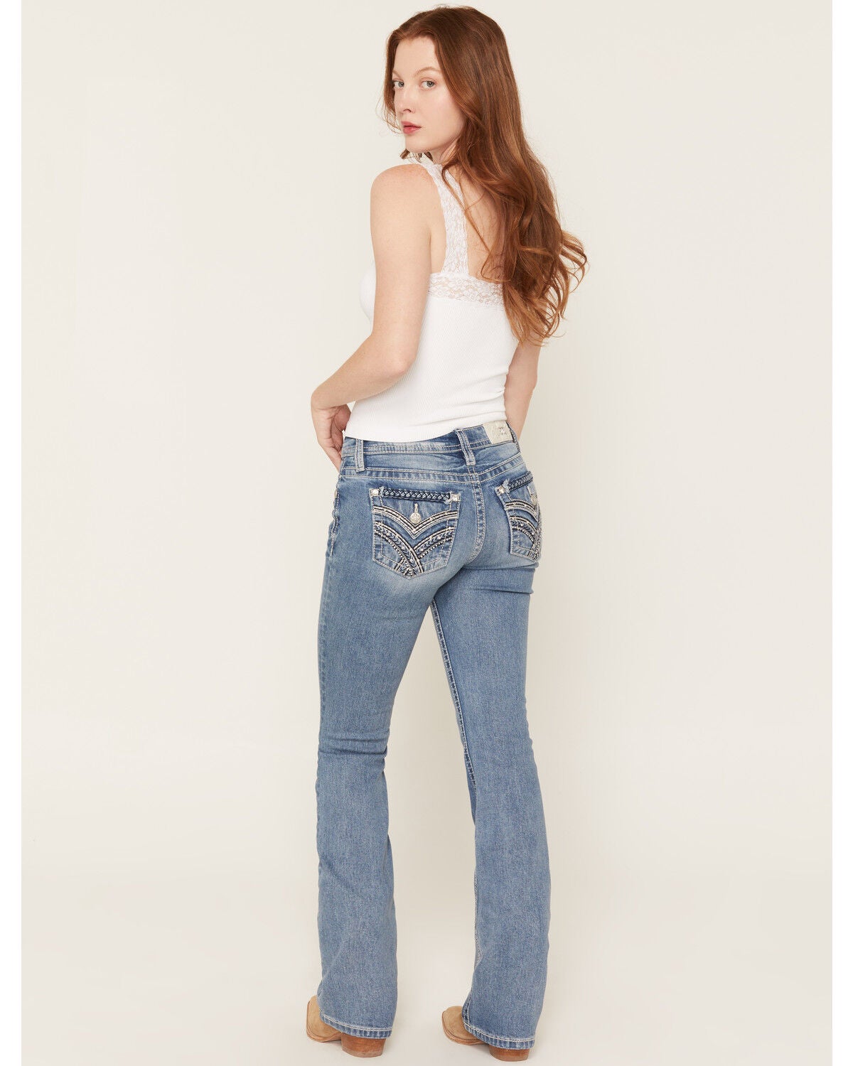 Miss Me Women's Medium Wash Mid Rise Faux Flap Pocket Bootcut Stretch Denim Jeans, Medium Wash, hi-res