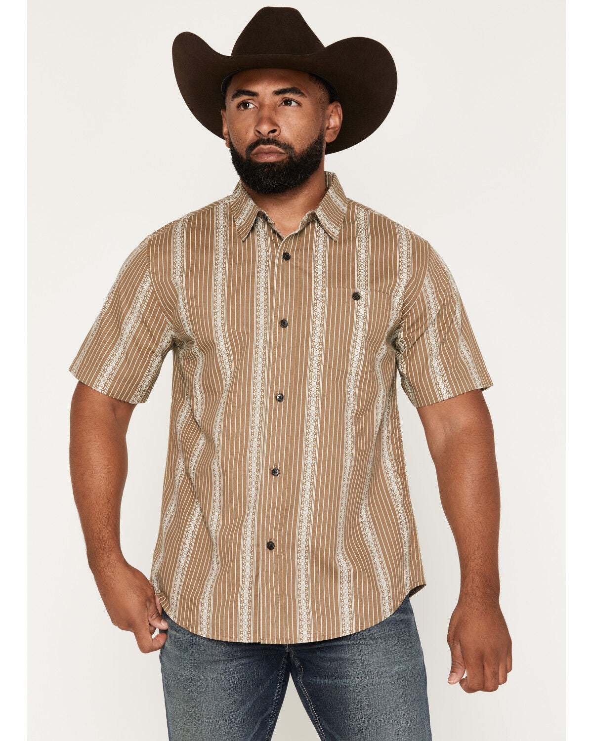 Image #1 - Seager Men's Caldera Striped Print Short Sleeve Button-Down Western Shirt, Khaki, hi-res