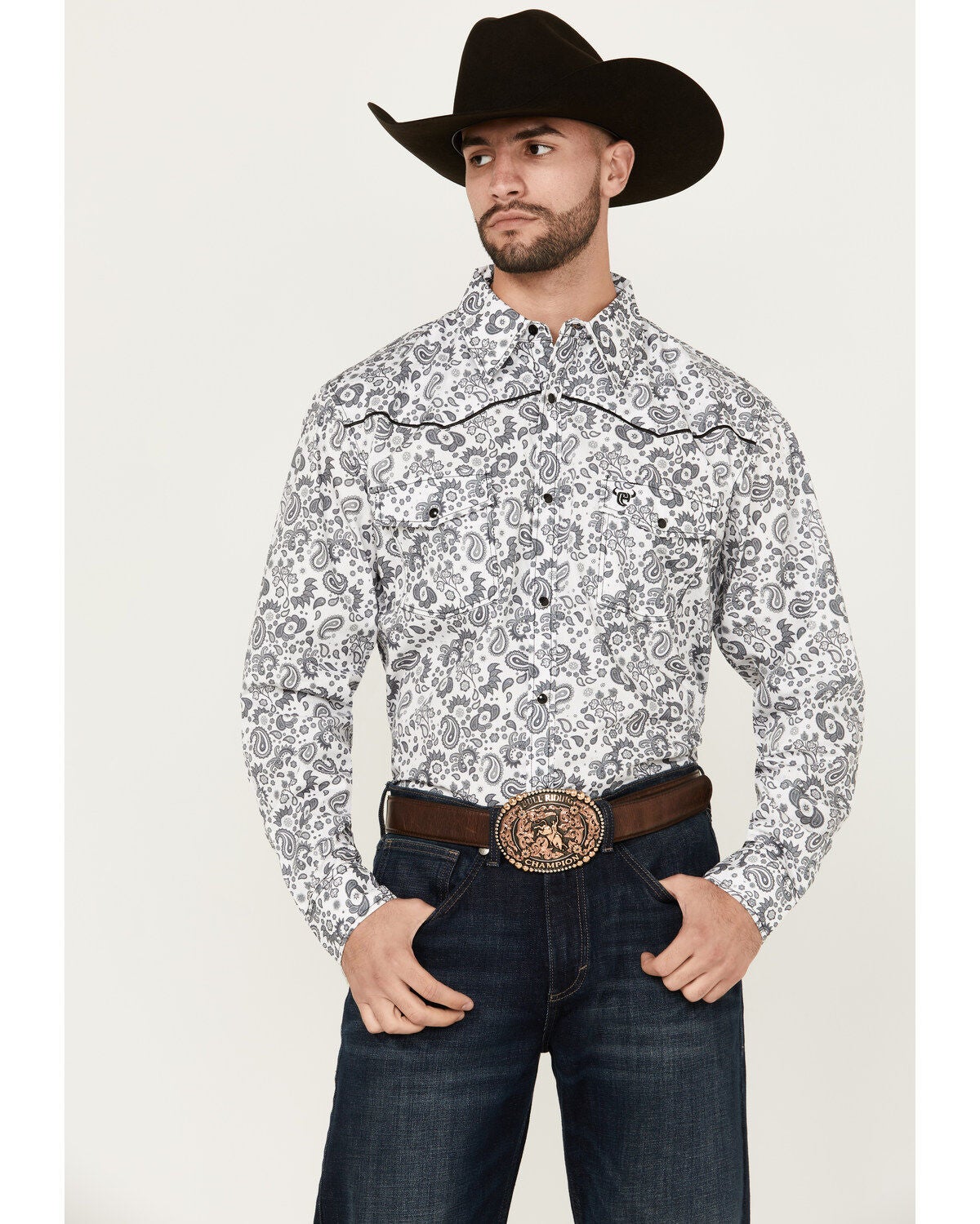 Cowboy Hardware Men's Paisley Print Long Sleeve Snap Western Shirt, White, hi-res