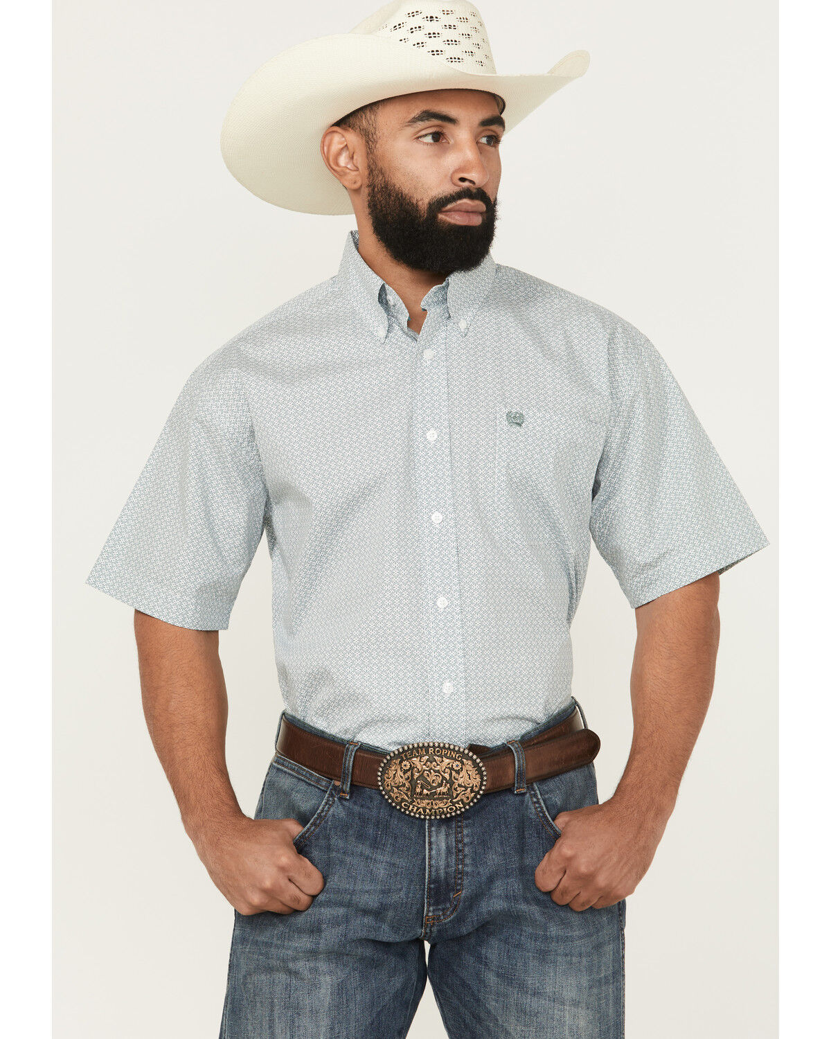 Image #1 - Cinch Men's Printed Short Sleeve Button-Down Western Shirt, Green, hi-res