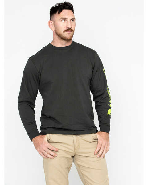 Carhartt Men's Loose Fit Heavyweight Long Sleeve Logo Graphic Work T-Shirt, Bark, hi-res