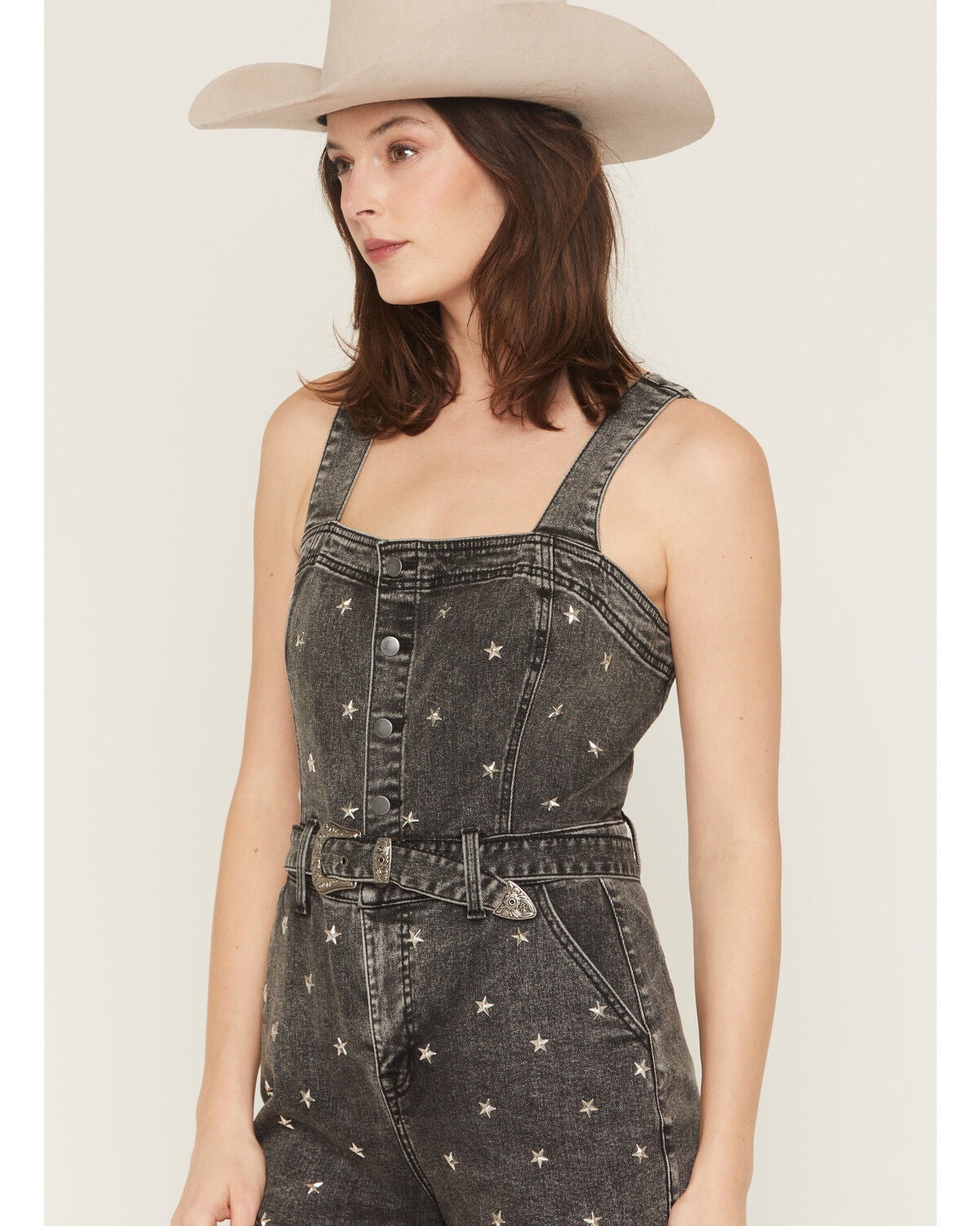 Image #2 - Rock & Roll Denim Women's Sleeveless Star Studded Denim Romper, Black, hi-res